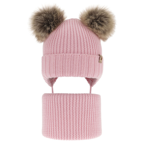 Komplet zimnej dívčí: čepice a tunel růžový 100% extra fine merino vlna Silvia