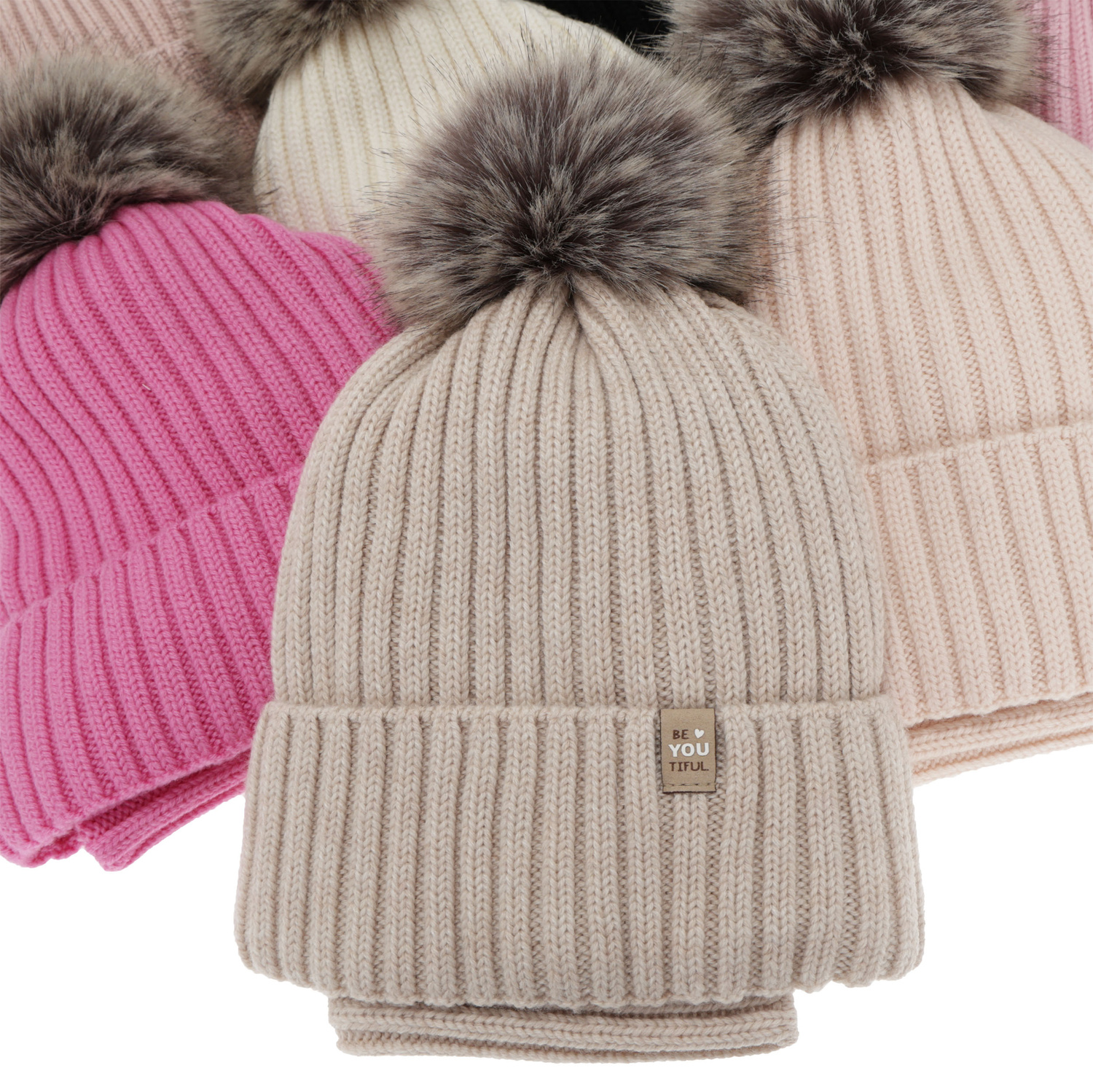 Komplet zimní dívčí: čiapka a tunel, béžový, 100 % merino vlnený, podšitý bavlnou, s brmbolcom, Terida