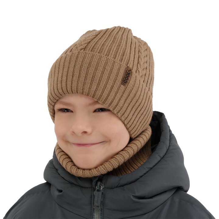 Komplet zimný chlapčenský: čiapka a šál camel 100% extrafine merino vlna Wilson