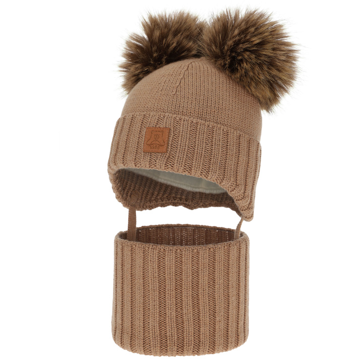 Chlapecká čiapka a nákrčník, zimný set, camel, 100% merino vlna, podšitý vlneným polaram, Ronik