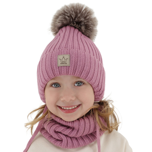 Komplet zimnej dívčí: čepice a tunel růžový 100% extra fine merino vlna podšity vlneným flísom Martina