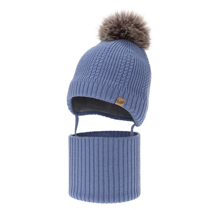 Chlapecká čiapka a nákrčník, zimný set, modrý, 100% merino vlna, podšitý vlneným polaram, na zaväzovanie Danny