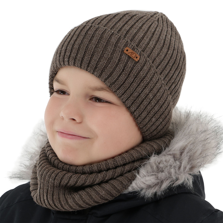 Komplet zimný chlapčenský: čiapka a šál hnědý merino vlna Palermo
