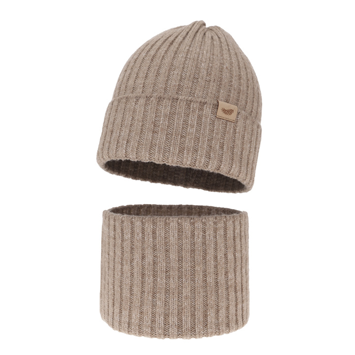 Komplet zimnej dívčej: čiapka a tunel béžový s merino vlnou Karmina