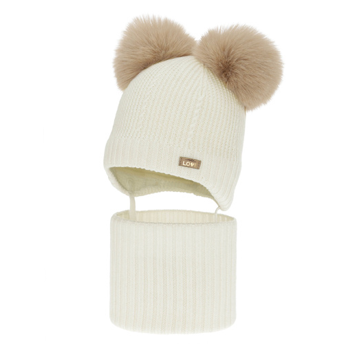 Dievčenská čiapka a nákrčník, zimný set, krémový, 100% merino vlna, podšitý vlneným polaram, Lumia
