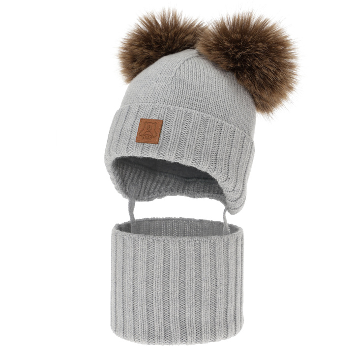 Chlapecká čiapka a nákrčník, zimný set, šedý, 100% merino vlna, podšitý vlneným polaram, Ronik