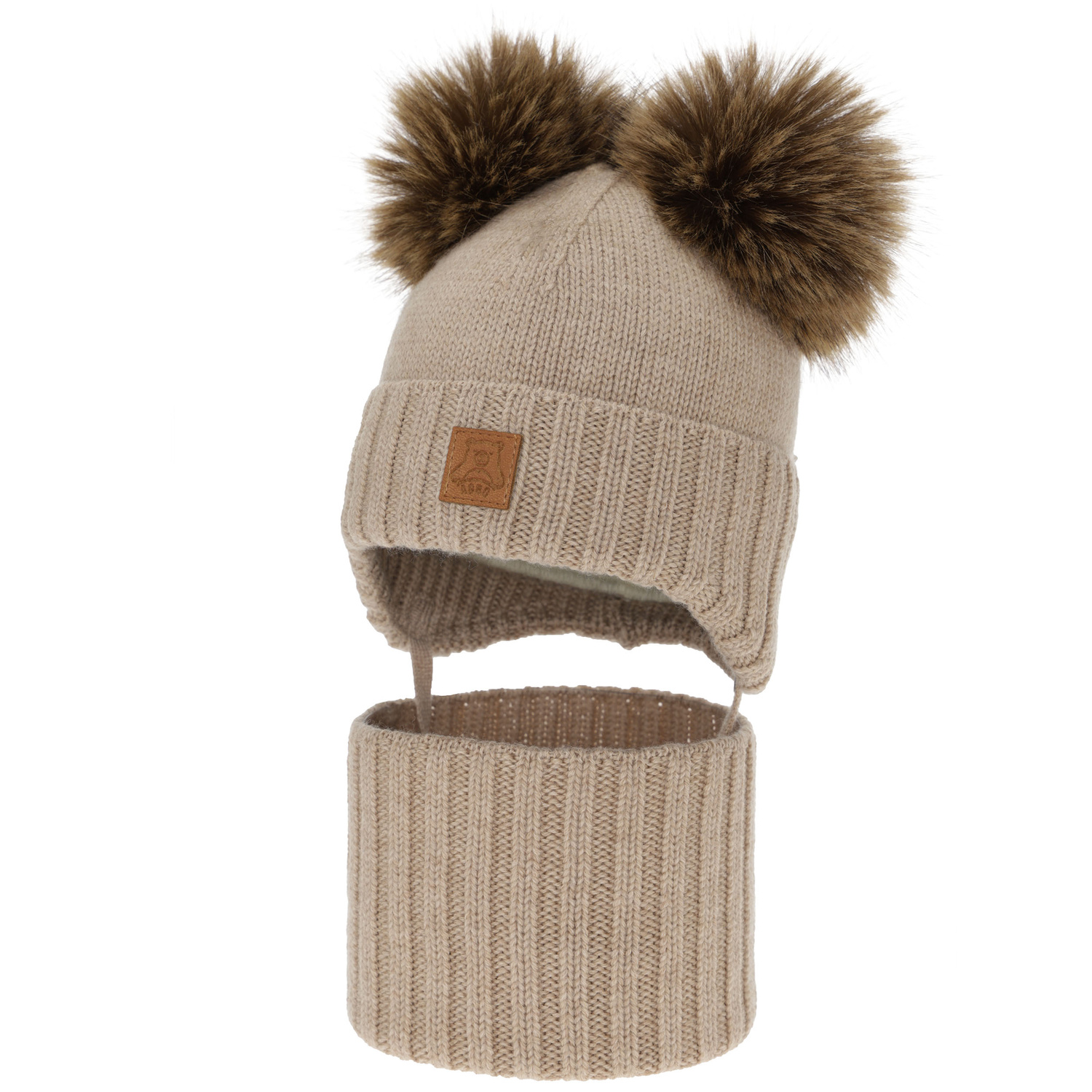 Chlapecká čiapka a nákrčník, zimný set, béžový, 100% merino vlna, podšitý vlneným polaram, Ronik