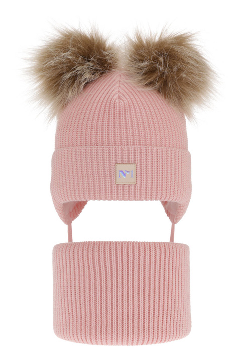 Komplet zimnej dívčej: čiapka a tunel růžový s dvoma bambuľami Kiara