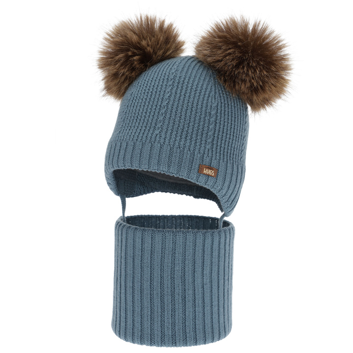 Chlapecká čiapka a nákrčník, zimný set, modrý, 100% merino vlna, podšitý vlneným polaram, Lumio