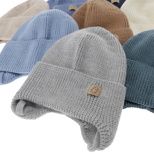 Chlapecká zimní, jesenná, jarná čiapka, jasnobeżová, 100% merino vlnená, zaväzovacia, Bakadi