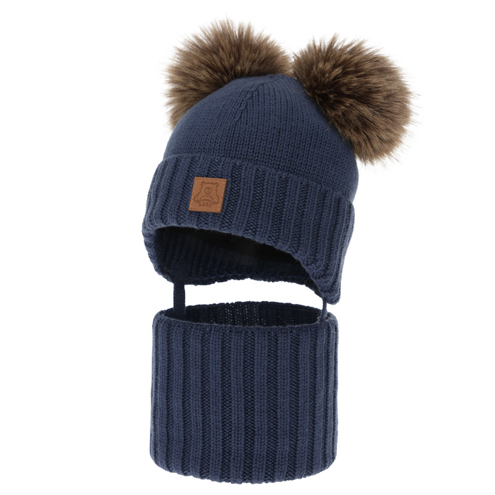 Chlapecká čiapka a nákrčník, zimný set, tmavo modrý, 100% merino vlna, podšitý vlneným polaram, Ronik