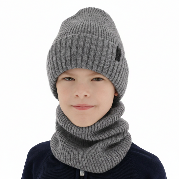 Čiapka a tunel pre chlapca, zimný komplet, 100% merino vlnený, s podšívkou z merino vlny, sivý Harbin