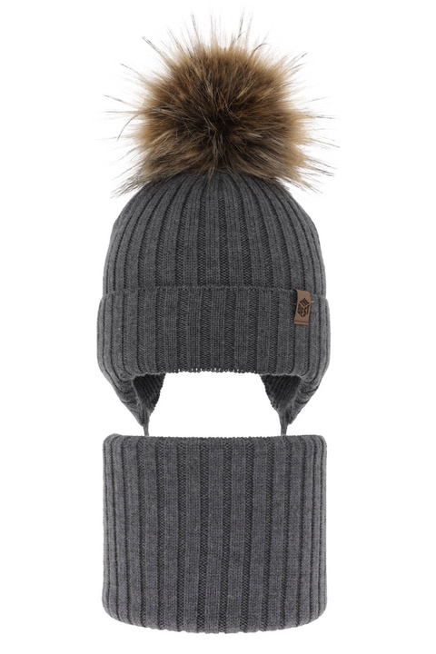 Komplet zimný chlapčenský: čiapka a tunel šedý 100% extra fine merino vlna Juno
