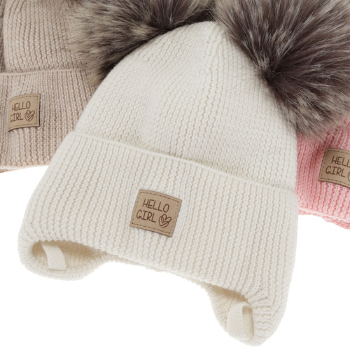 Dívčí zimní čiapka, béžová, 100% merino vlnená, podšitá vlneným polartekom, zaväzovacia, Trudina