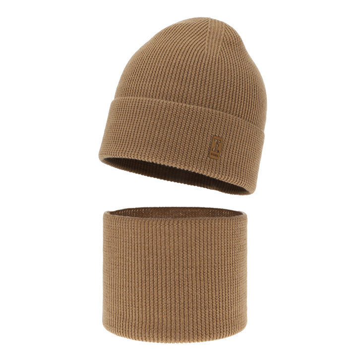 Chlapčenská čiapka a komín, jesenný/jarný set camel 100% vlna extra jemná merino Bruce