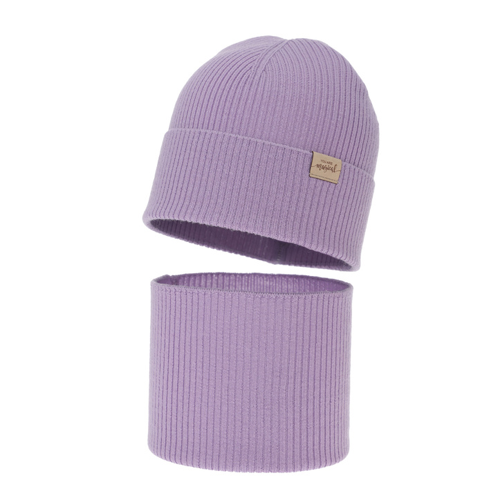 Komplet podzimní, jarní dívčí: čiapka a tunel, fialový, 100 % merino vlnený, Magenta