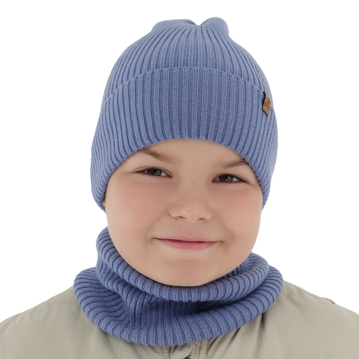 Chlapčenská čiapka a komín, jesenný/jarný set modrý 100% vlna extra jemná merino Lemas