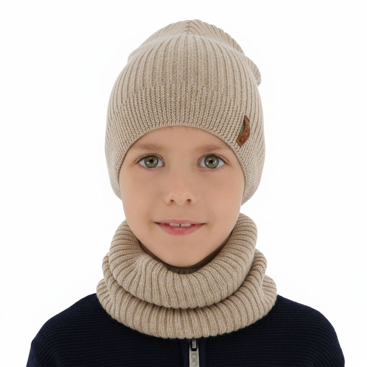 Chlapčenská čiapka a komín, jesenný/jarný set béžový 100% vlna extra jemná merino Chester