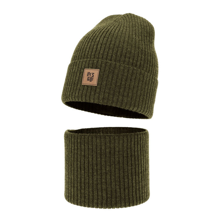 Chlapecká čiapka a nákrčník, jesenný, jarný set khaki 100% merino vlna Vanto