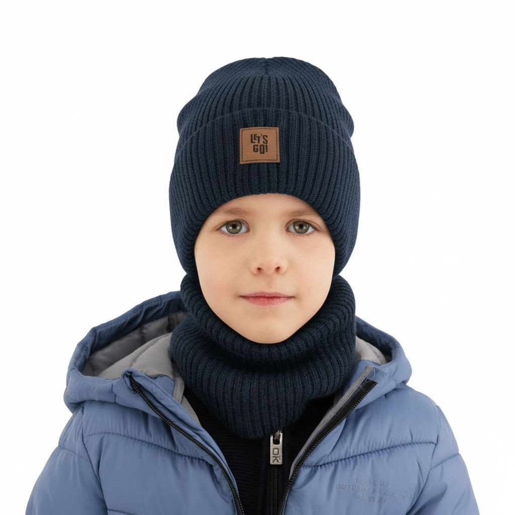 Chlapčenská čiapka a komín, jesenný, jarný set modrý 100% vlna merino Vanto