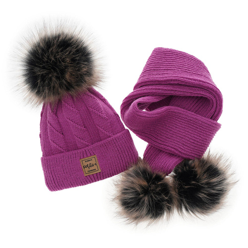 Zimný dievčenský set: čiapka a šál sivý s dvoma bambuľkami Gabriela