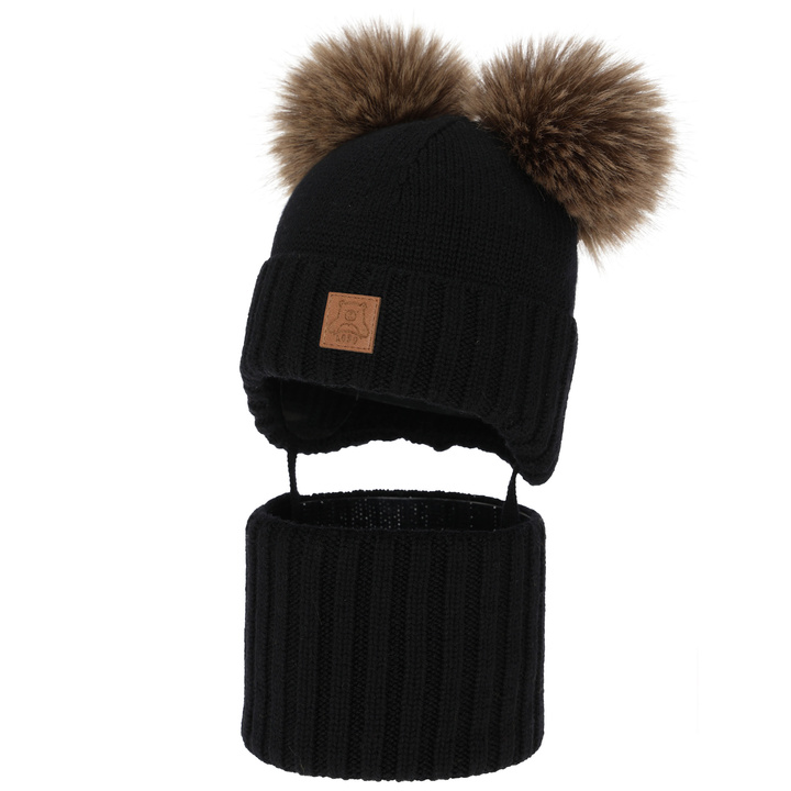 Chlapecká čiapka a nákrčník, zimný set, čierny, 100% merino vlna, podšitý vlneným polaram, Ronik