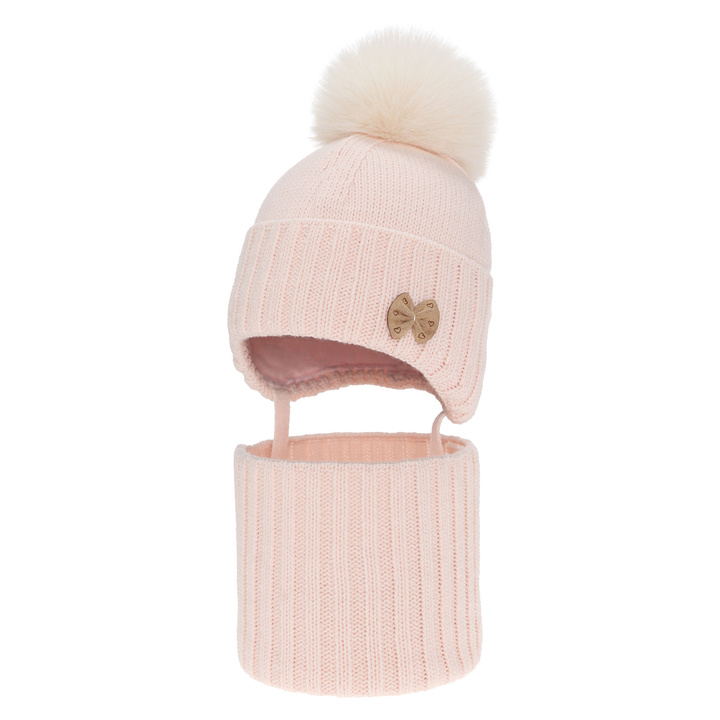 Komplet zimnej dívčej: čiapka a tunel růžový s bambuľou Talena