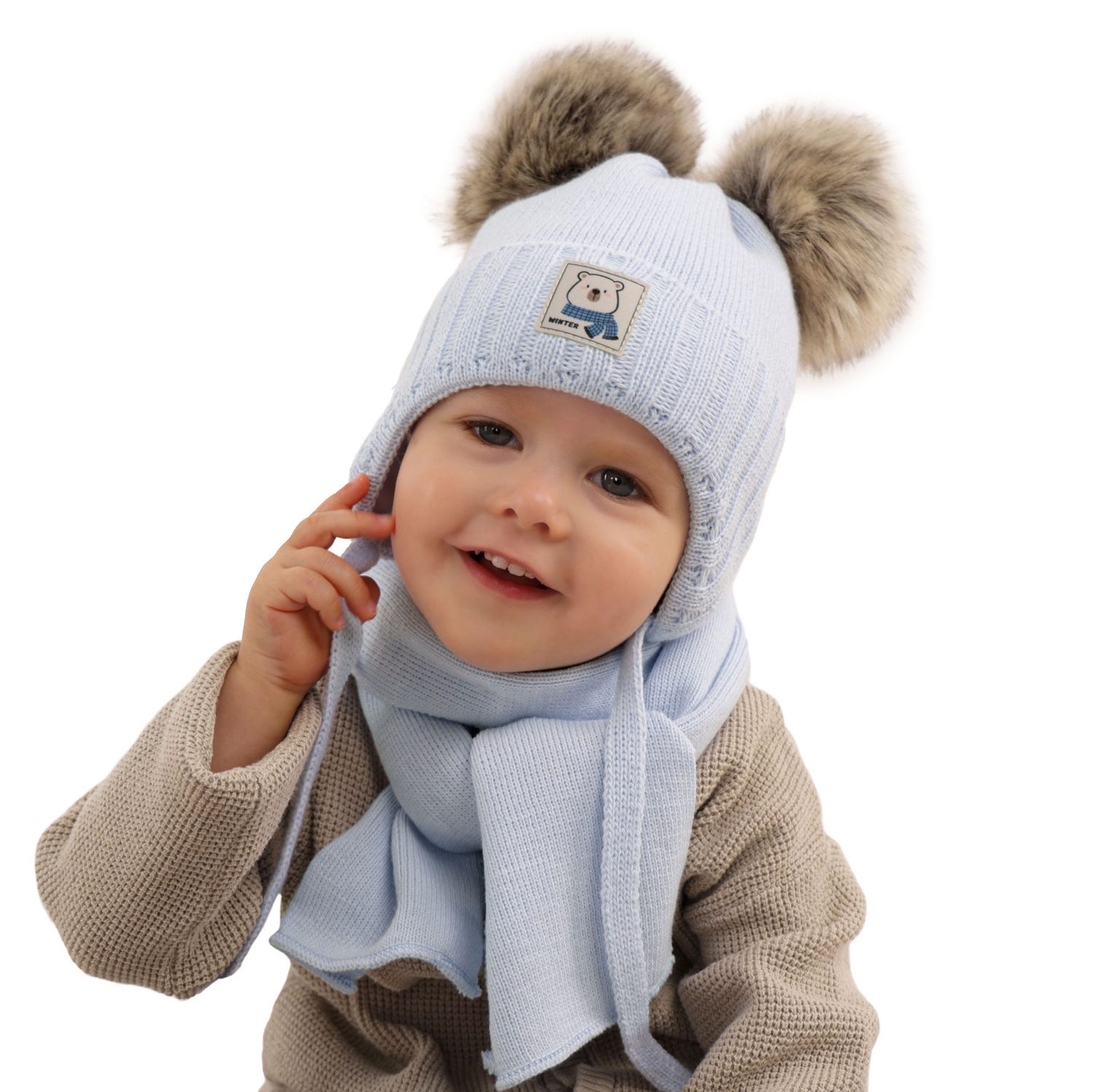 Komplet zimní chlapecký: čepice a šála krémový s dvěma bambulemi Jewel