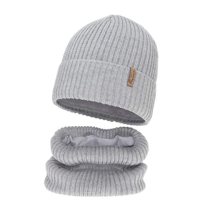 Komplet zimní dívčí: čiapka a tunel, šedý, podšitý fleecom, s merino vlnou, Odette