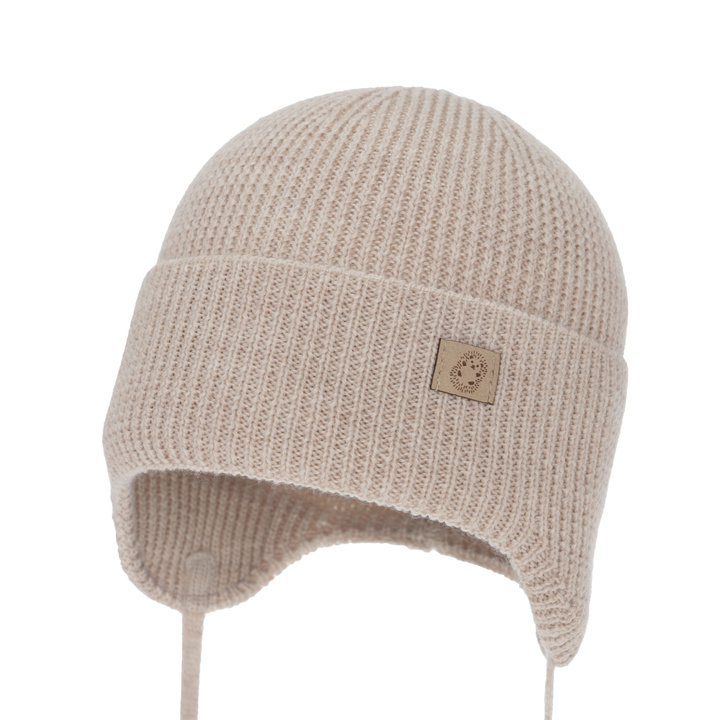 Chlapecká zimní, jesenná, jarná čiapka, jasnobeżová, 100% merino vlnená, zaväzovacia, Bakadi