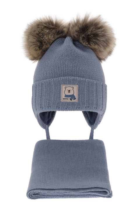 Komplet zimní chlapecký: čepice a šála modrý s dvěma bambulemi Jewel