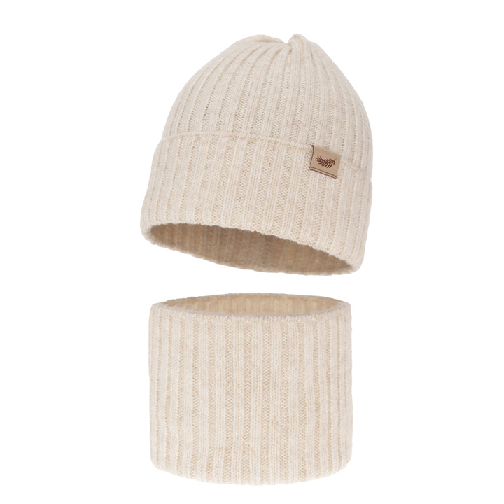 Komplet zimnej dívčej: čiapka a tunel béžový s merino vlnou Karmina