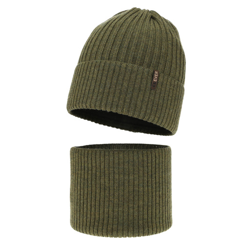 Komplet zimný chlapčenský: čiapka a šál, khaki, 100% merino vlna Gizmo