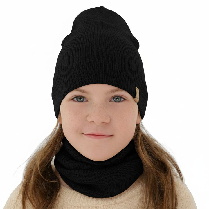 Jesenný/jarný dievčenský set: čiapka a tunel černý 100% lână merino extra fină Ricona