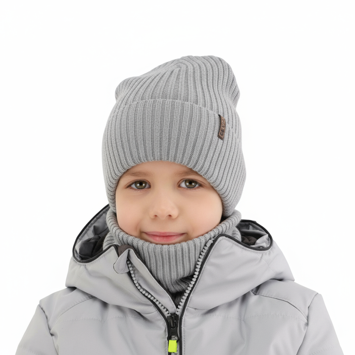 Komplet zimný chlapčenský: čiapka a šál, šedý, 100% merino vlna Gizmo