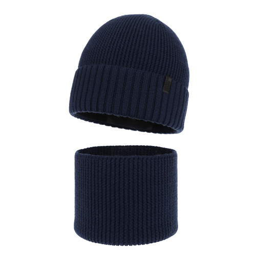 Čiapka a tunel pre chlapca, zimný komplet, 100 % merino vlnený, s podšitím z merino vlny, tmavomodrý Harbin