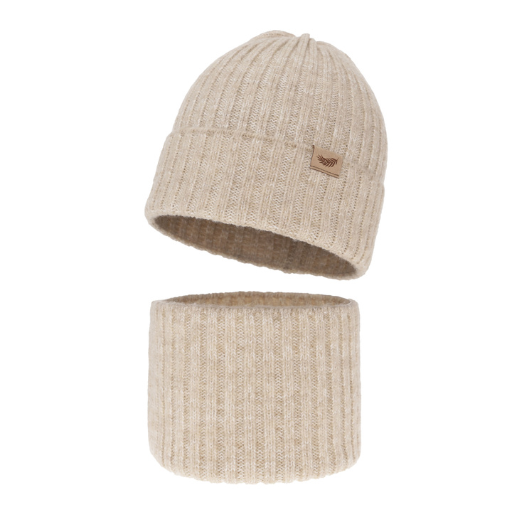 Komplet zimnej dívčej: čiapka a tunel béžový s merino vlnou Karmina