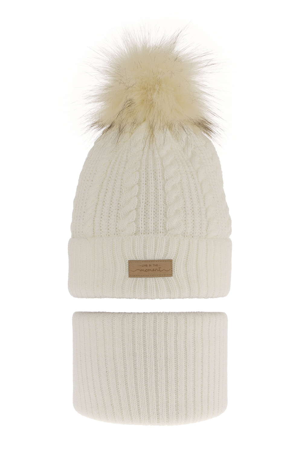 Zimná dievčenská súprava: čiapka a tunel krémový s bambulou Alika