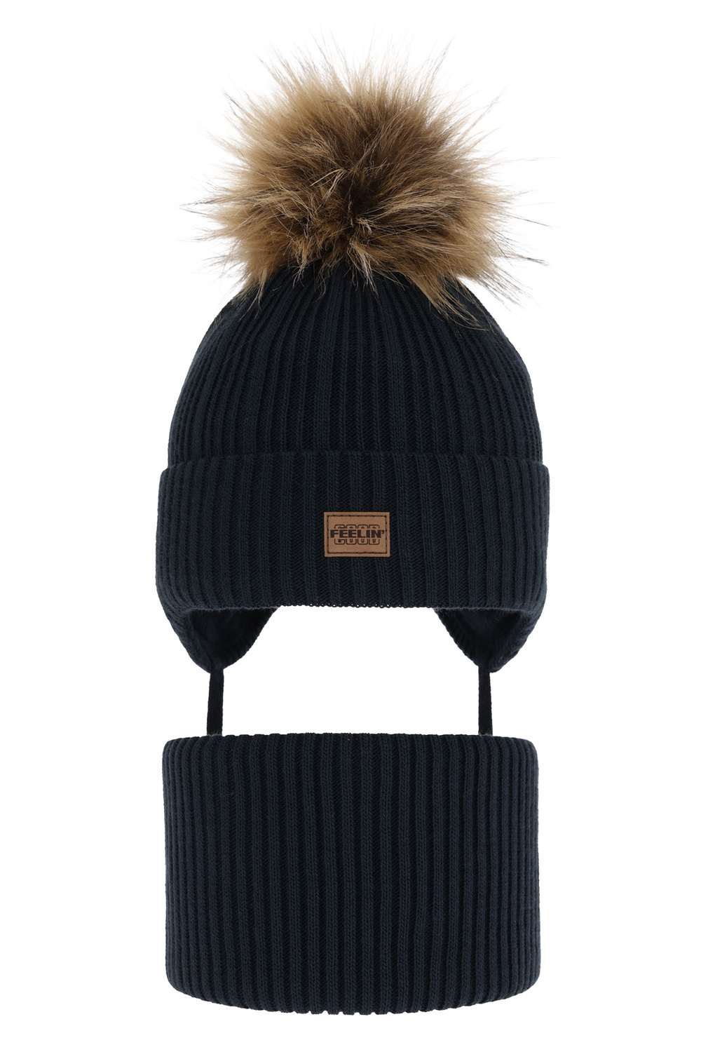 Komplet zimný chlapčenský: čiapka a tunel tmavě modrý s bambuľou Eger