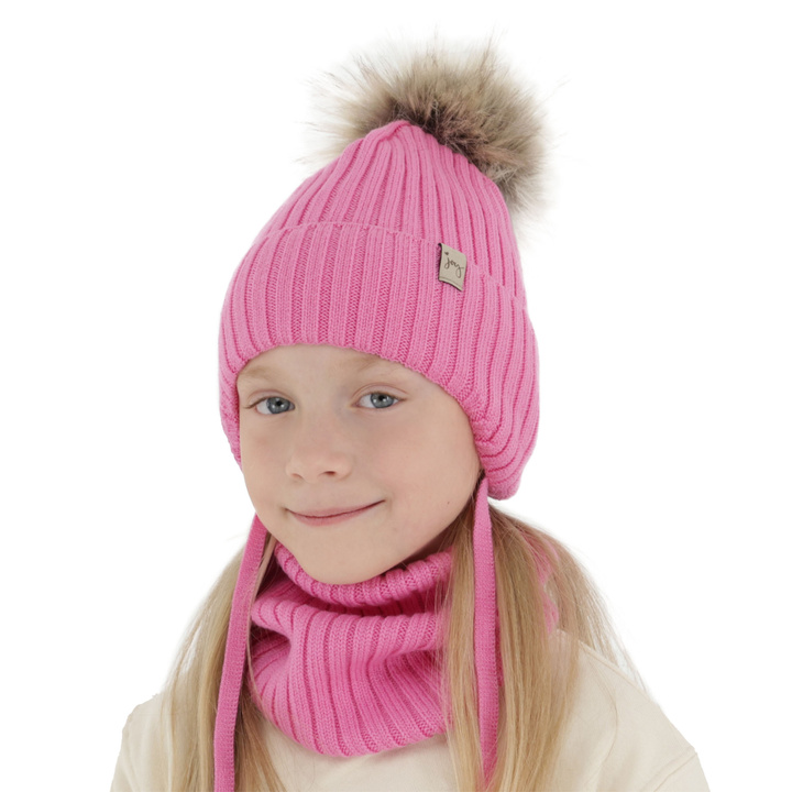 Komplet zimnej dívčí: čepice a tunel růžový 100% extra fine merino vlna Junika