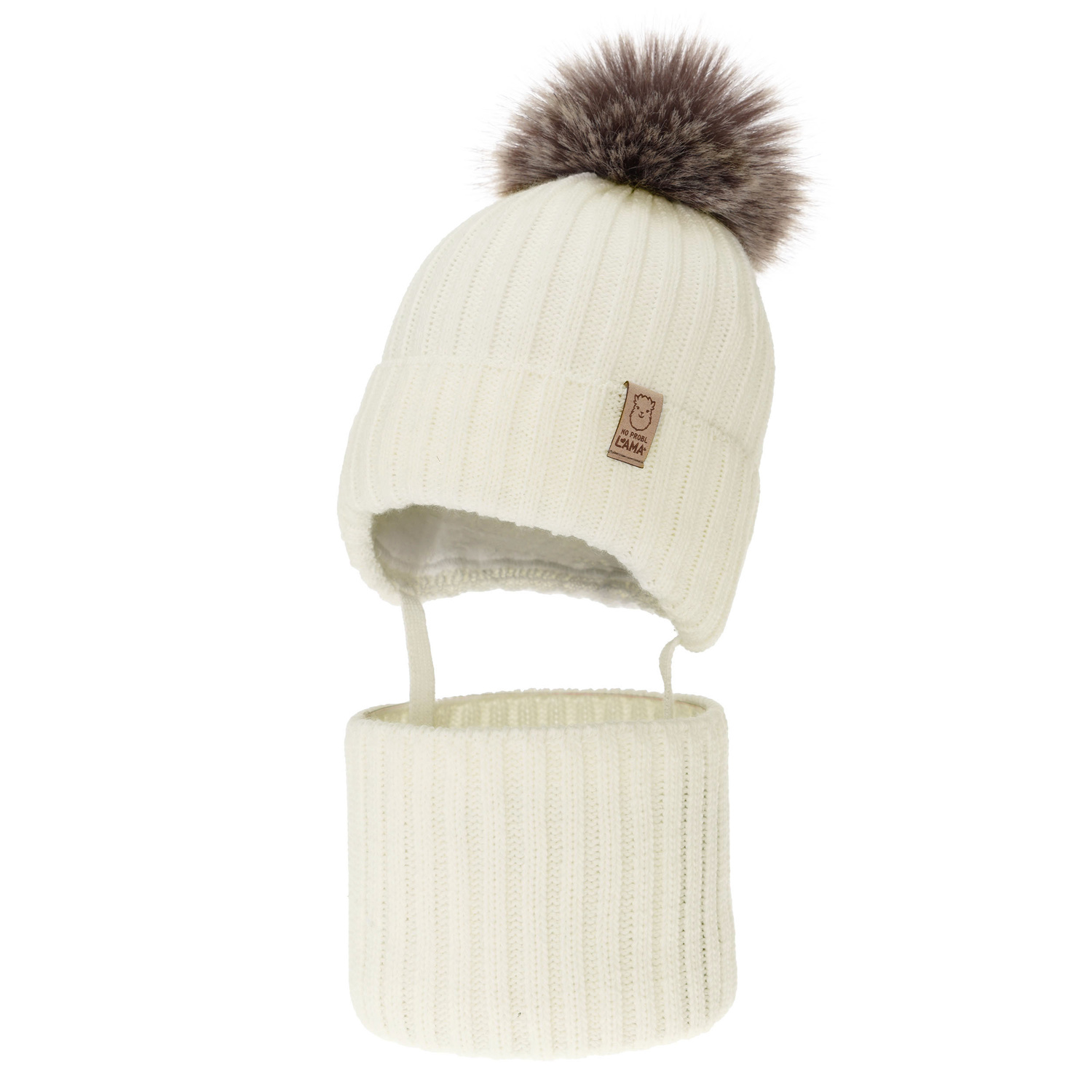 Komplet zimnej dívčej: čiapka a tunel, krémový, s bambuľou Abigail