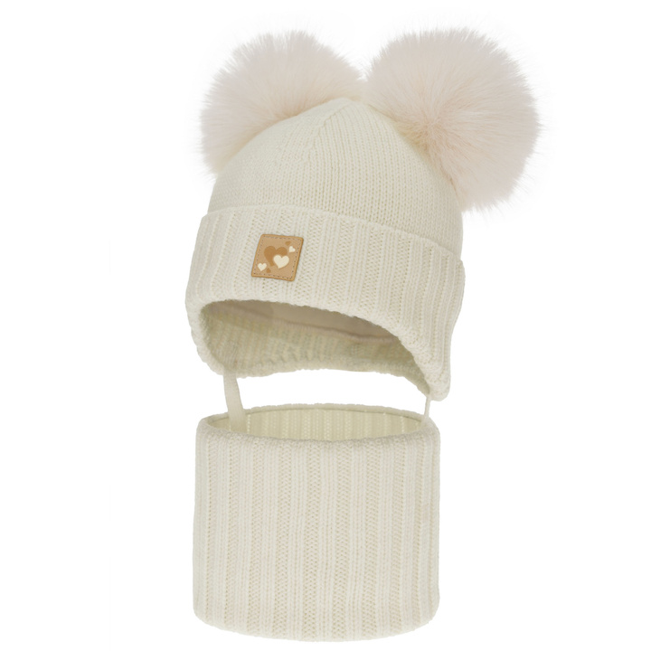 Dievčenská čiapka a nákrčník, zimný set, krémový, 100% merino vlna, podšitý vlneným polaram, Ronia