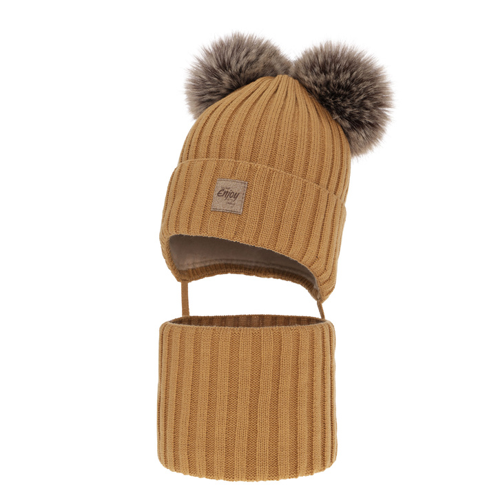 Kompletná zimná detská sada: béžový čiapka a šál s dvoma mašľami Orange