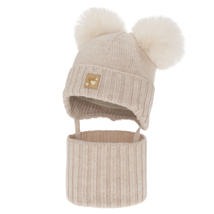 Dievčenská čiapka a nákrčník, zimný set, béžový, 100% merino vlna, podšitý vlneným polaram, Ronia