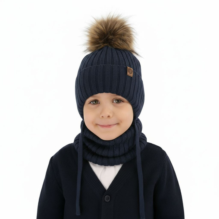 Komplet zimný chlapčenský: čiapka a tunel modrý 100% extra fine merino vlna Juno