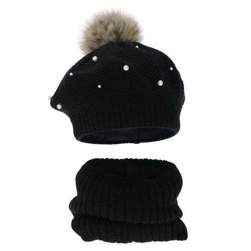 Beret a tunel pre dievčatá, zimný, podšitý flisom, krémový, s brmbolcom, Jeanette