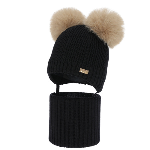 Dievčenská čiapka a nákrčník, zimný set, čierny, 100% merino vlna, podšitý vlneným polaram, Lumia