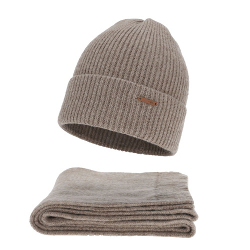 Komplet zimní dámský: čiapka a šála, tmavobéžový, s merino vlnou, Seala