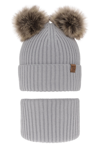 Kompletná zimná detská sada: šedý čiapka a šál s dvoma mašľami Oxford