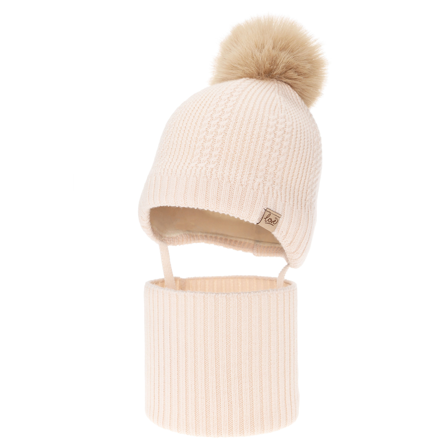 Čiapka a tunel dievčenský zimný komplet, svetloružový, 100% merino vlnený, podšitý vlneným fleecom, zaväzovací Danielle